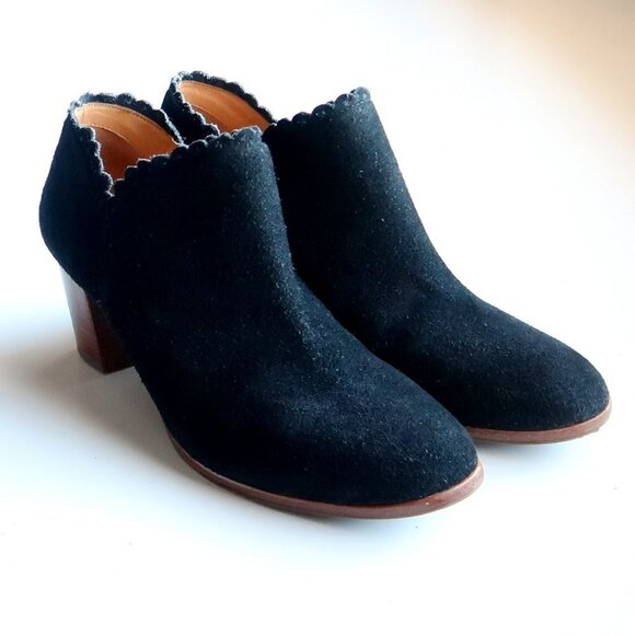 Jack Rogers Marianne Black Suede Leather Scallop Trim Ankle Boots Booties Size 8 - Picture 3 of 16
